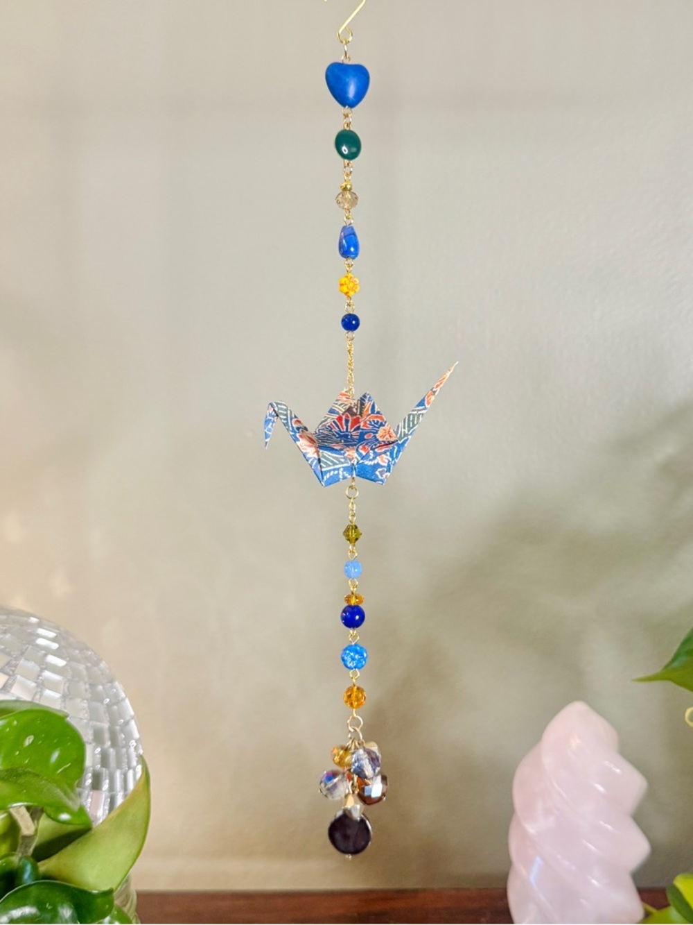 Origami Ornament #2474 - Medium Crane with Repurposed Beads and Bead Dangle